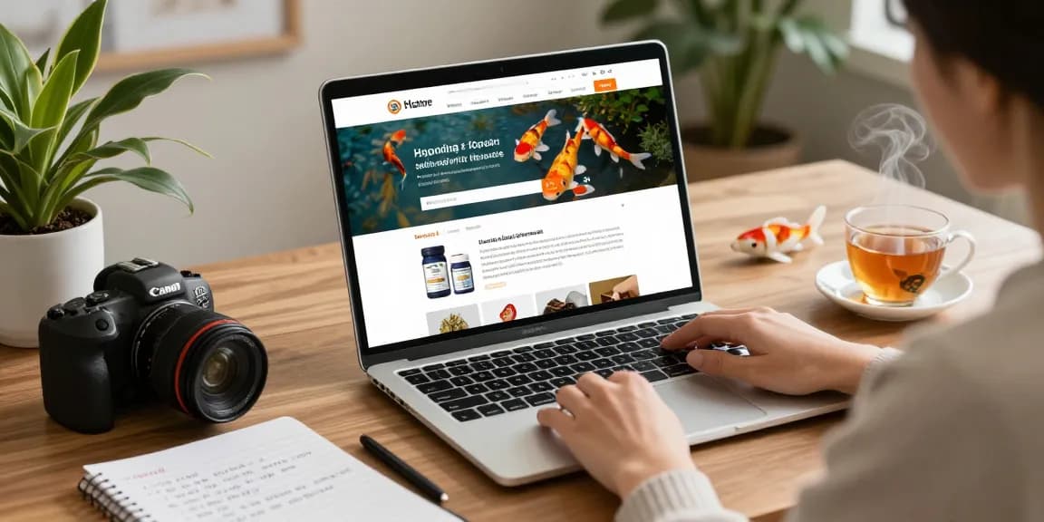 Person shopping for koi health products on koiaminos.com in a cozy setting.