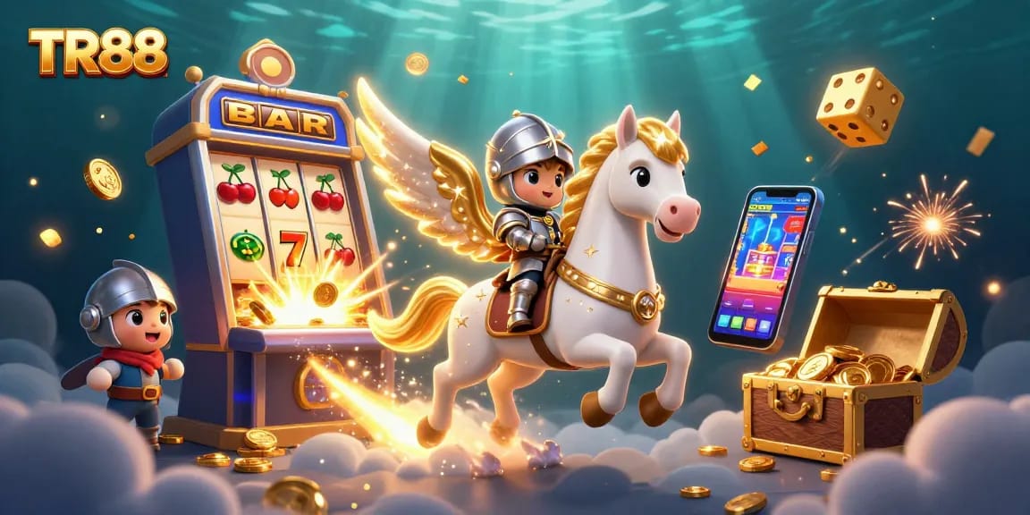 Spin to win with TR88's exciting jackpots, enchanting horse and knight in vibrant casino scene.