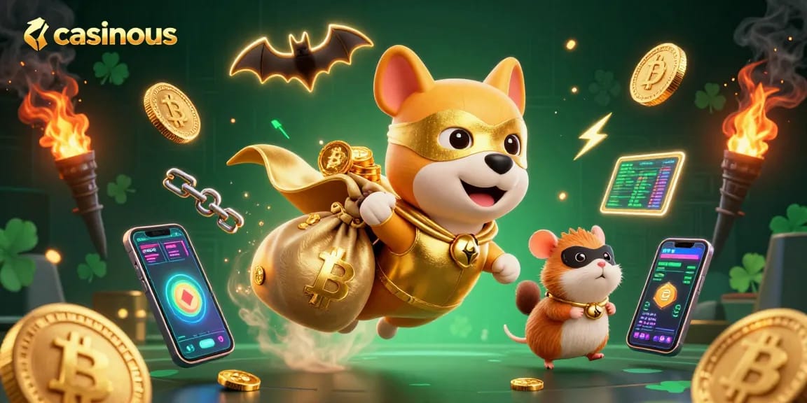 No deposit gaming action in casinous with a superhero dog, hamster sidekick, and digital currency elements.