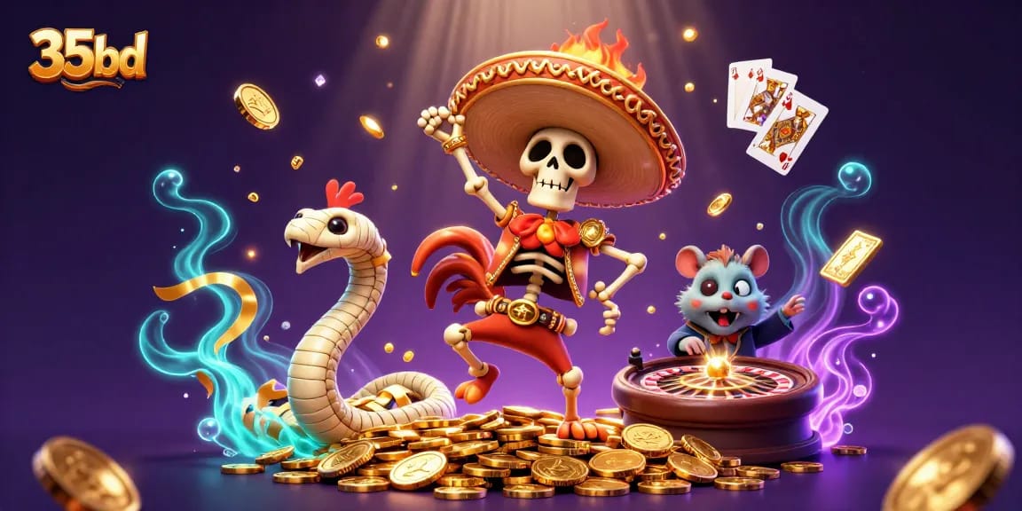 Play with excitement and winnings at 35bd, featuring festive gaming characters celebrating.