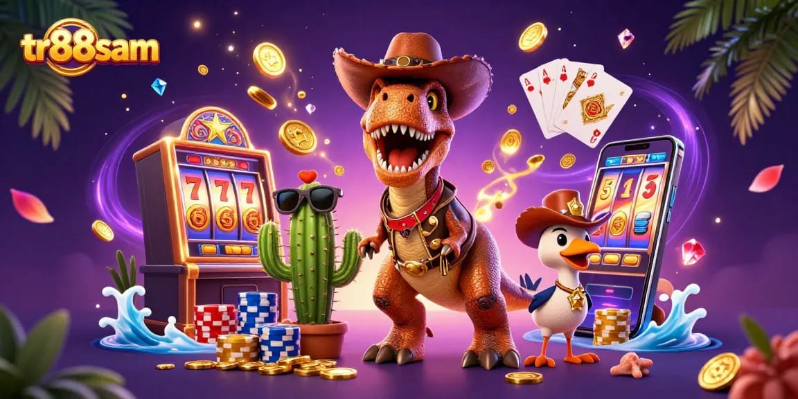 Engage with tr88sam's exciting slot adventure featuring a T-Rex, sparkling coins, and vibrant casino items.