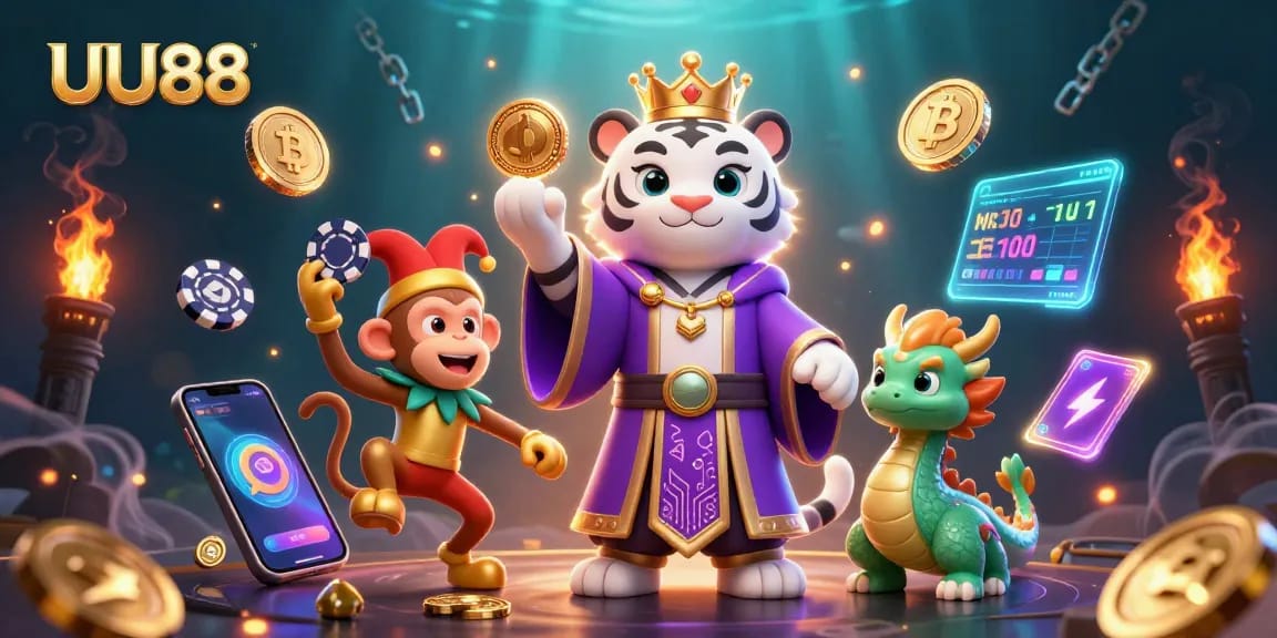 Boost your odds at UU88 with a fun scene of a lively tiger and monkey juggling poker chips.