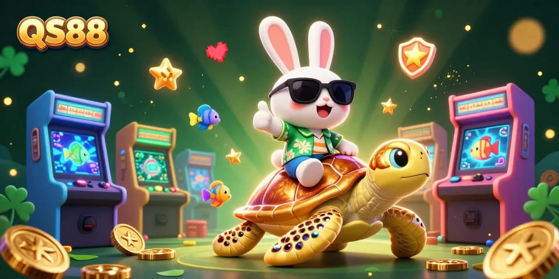 Feel the thrill of QS88 as the lucky rabbit celebrates with a big win on a sea turtle while gaming!