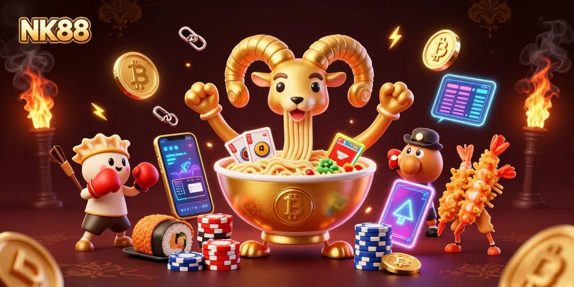 Engage with NK88's thrilling online gaming scene featuring a vibrant golden ramen bowl character and crypto elements.
