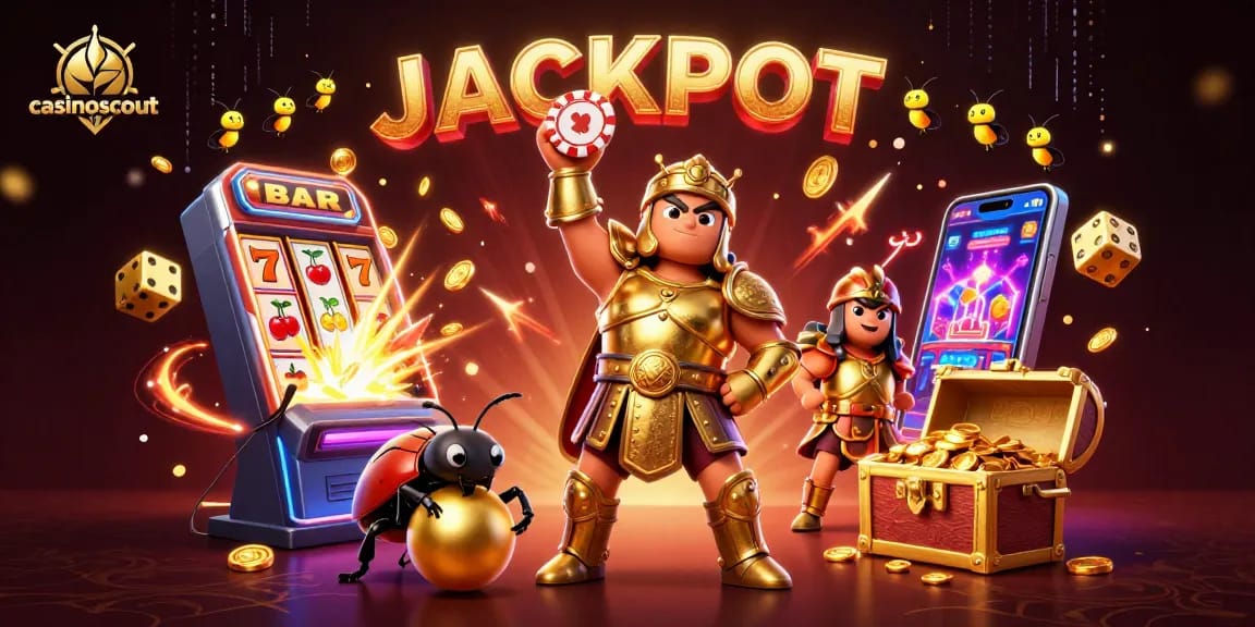 Experience the vibrant excitement of casinoscout as a heroic beetle celebrates a jackpot victory amidst dazzling casino elements.
