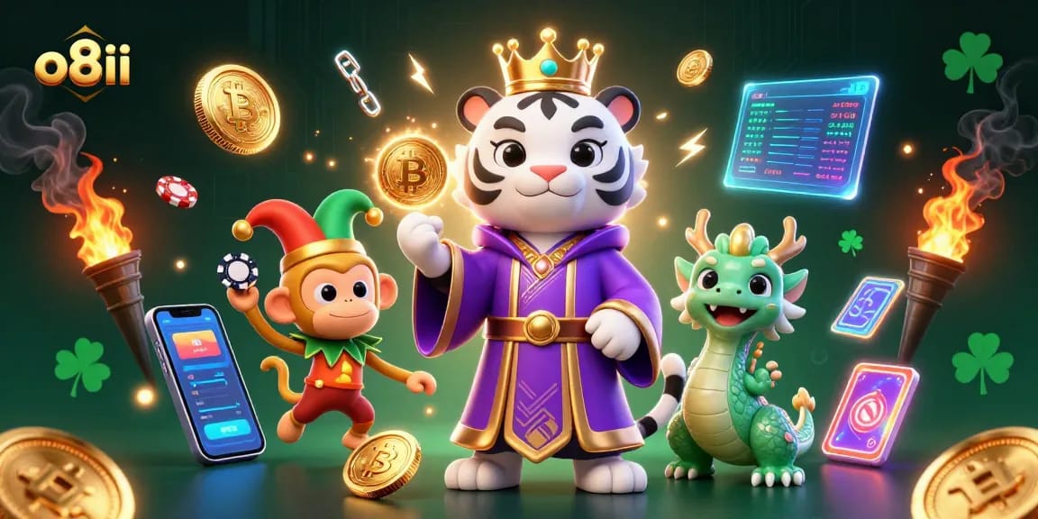 Engage in thrilling gaming at o8ii with an artistic portrayal of a cartoon white tiger, monkey, and jade dragon in a dynamic 3D casino scene.