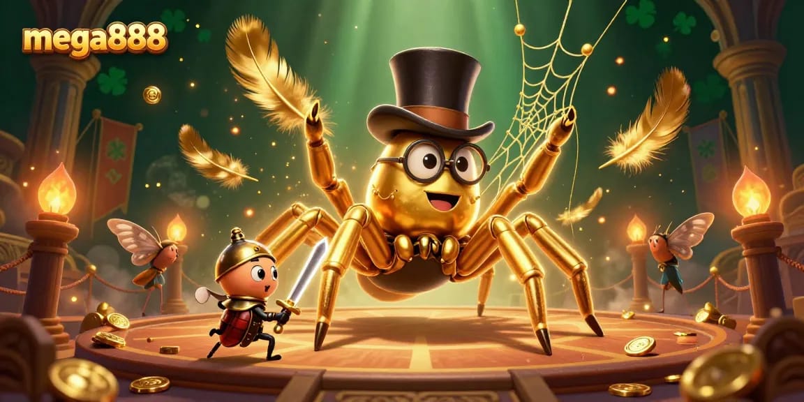 Explore the captivating world of mega888 with a charming scene of a golden tarantula and beetle knight.