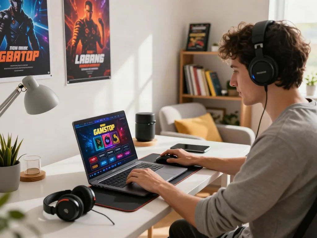 Engaged individual exploring non GamStop UK casinos in a stylish home office.