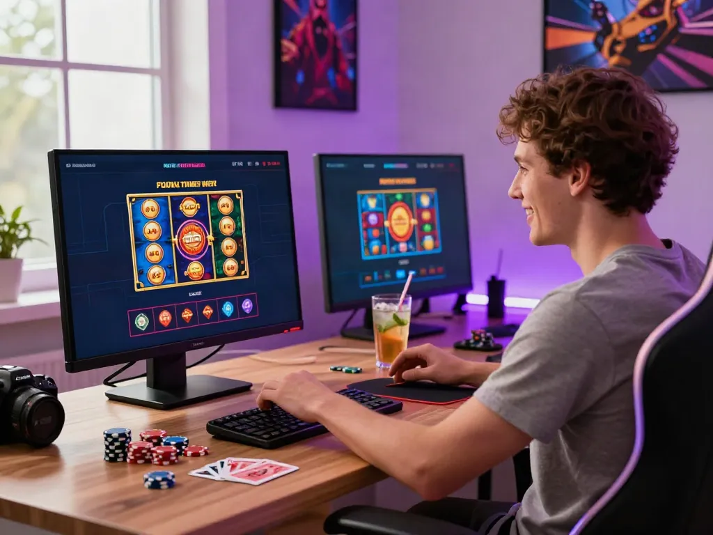Exciting gaming setup showcasing non Gamstop UK casinos with colorful online slots, poker chips, and ambient lighting.