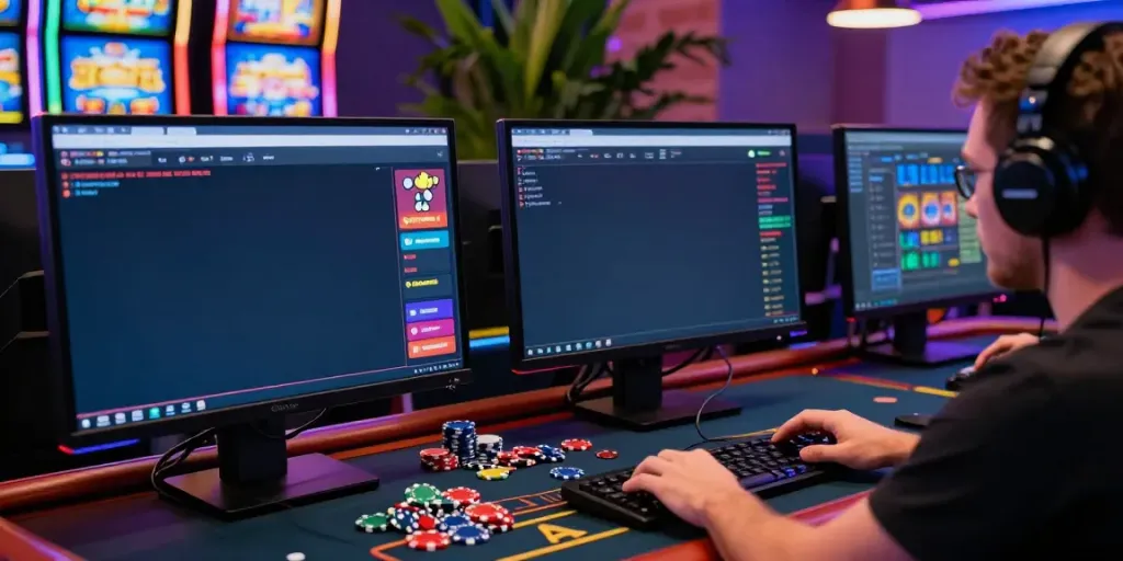 Player exploring non gamstop uk casinos with vibrant gaming interface and colorful chips.