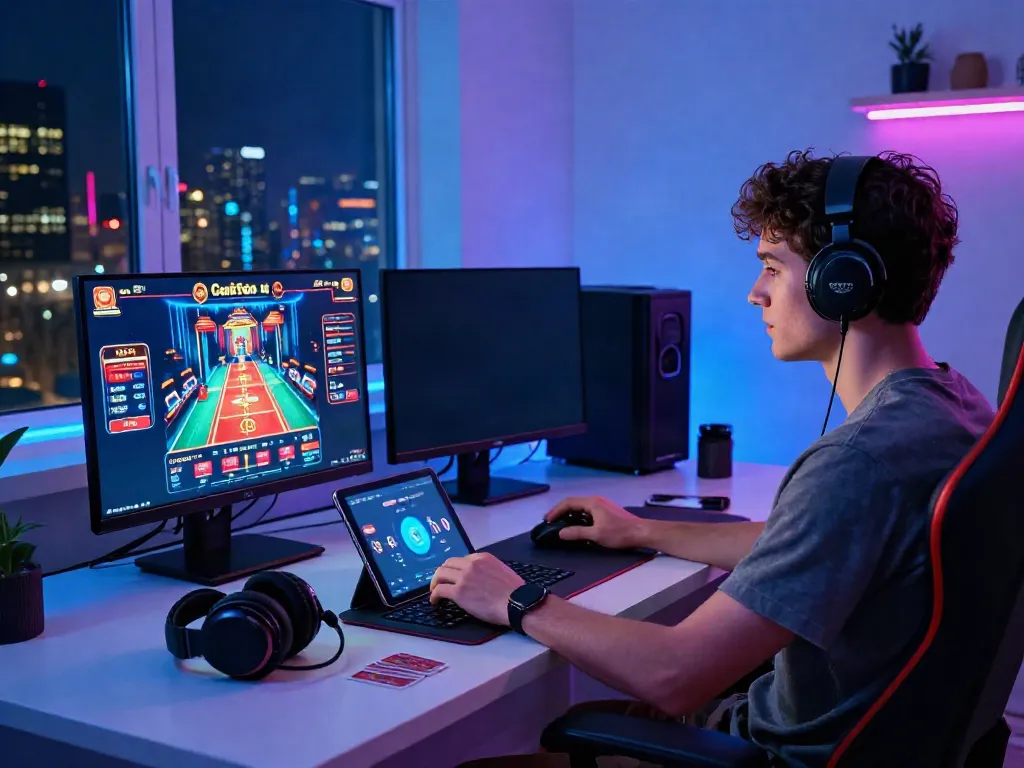 Engaged player enjoying non Gamstop UK casinos in a stylish home office with vibrant gaming setup.