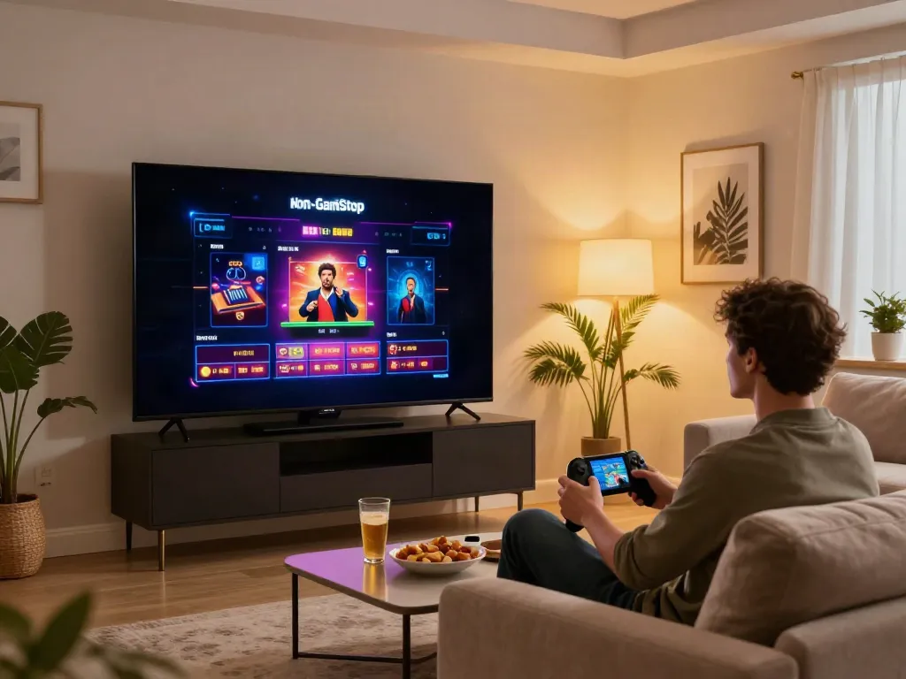 Engaging atmosphere for non Gamstop UK casinos with player enjoying a stylish living room game.