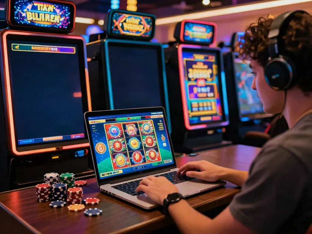 Exciting scene of a player enjoying non gamstop UK casinos with vibrant graphics.