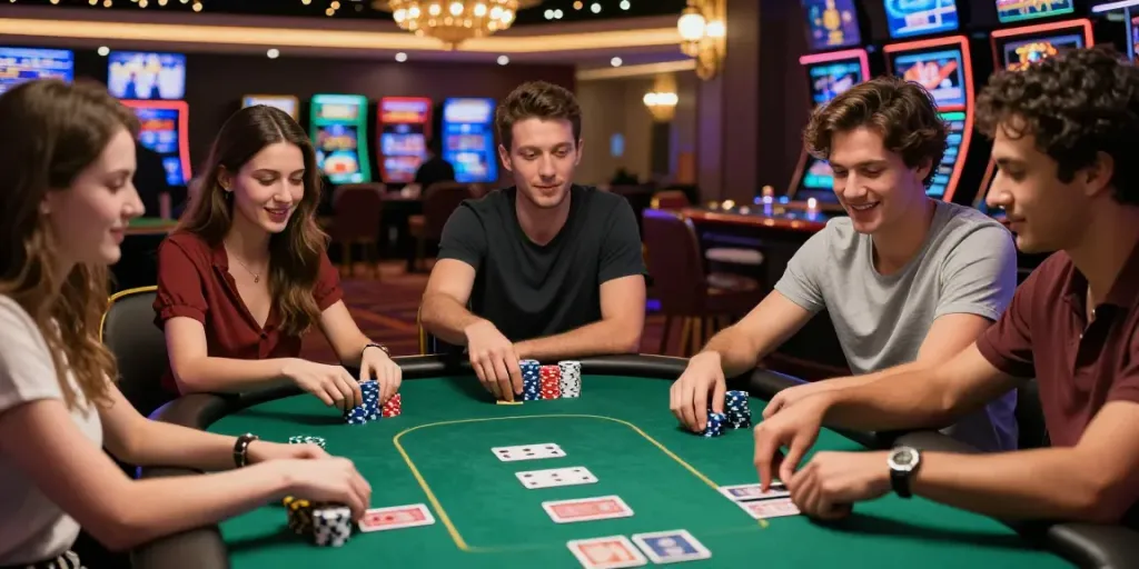 Group enjoying non gamstop UK casinos at a lively poker table, showcasing vibrant chips and cards.
