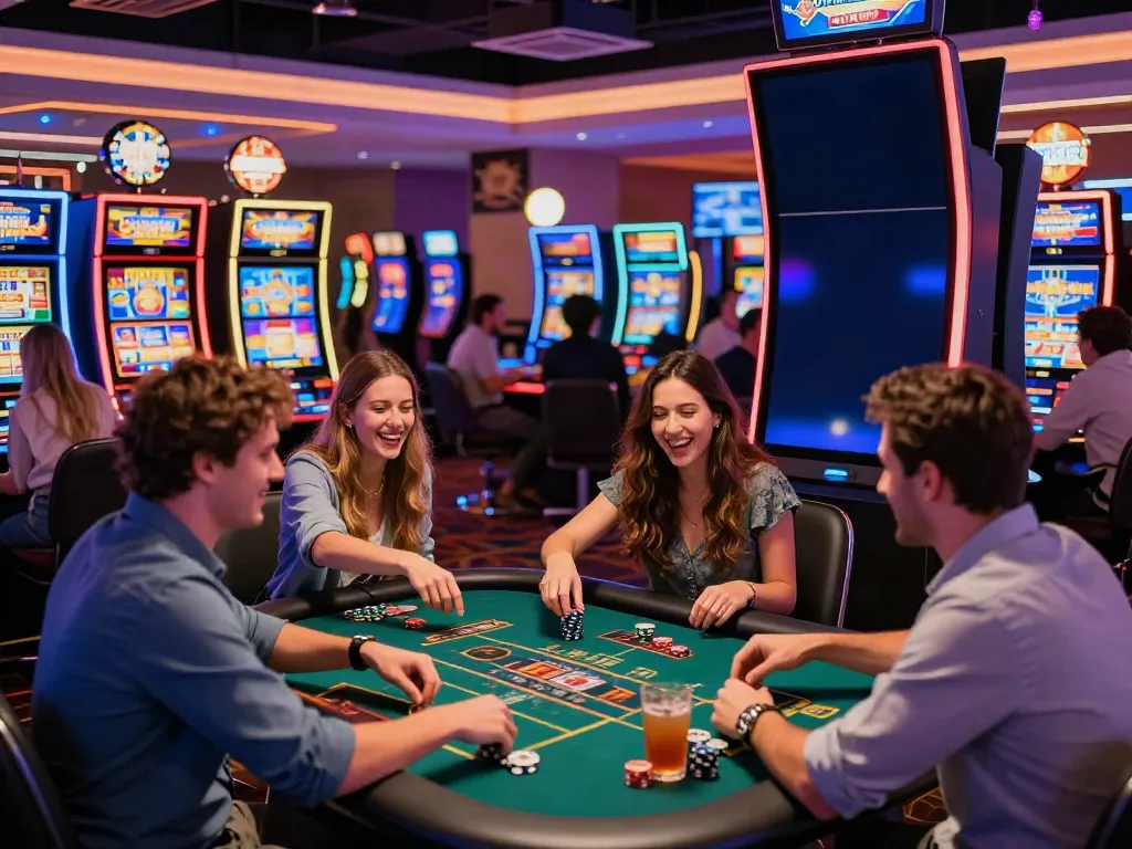 Exciting atmosphere at non GamStop UK casinos with friends playing slot machines and enjoying the vibrant gaming environment.