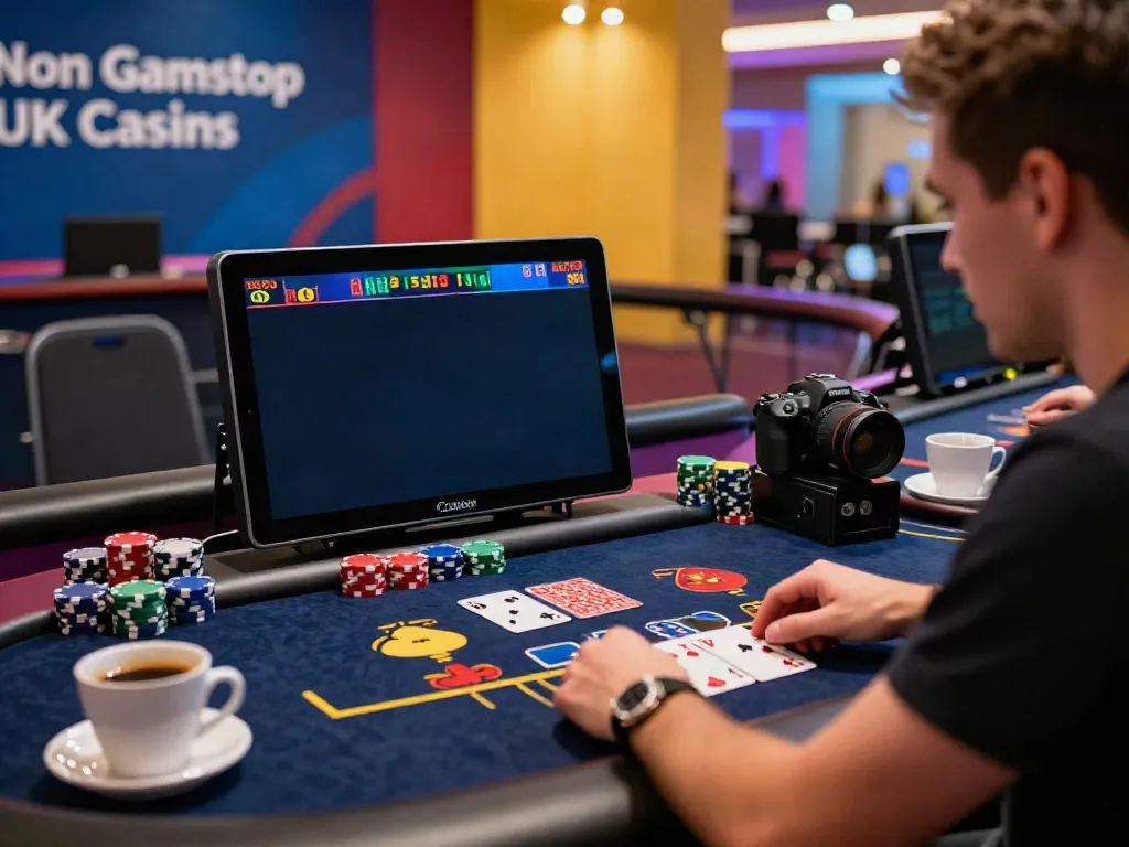 Engaging scene depicting a player enjoying non gamstop UK casinos with gaming laptop, poker chips, and neon ambiance.