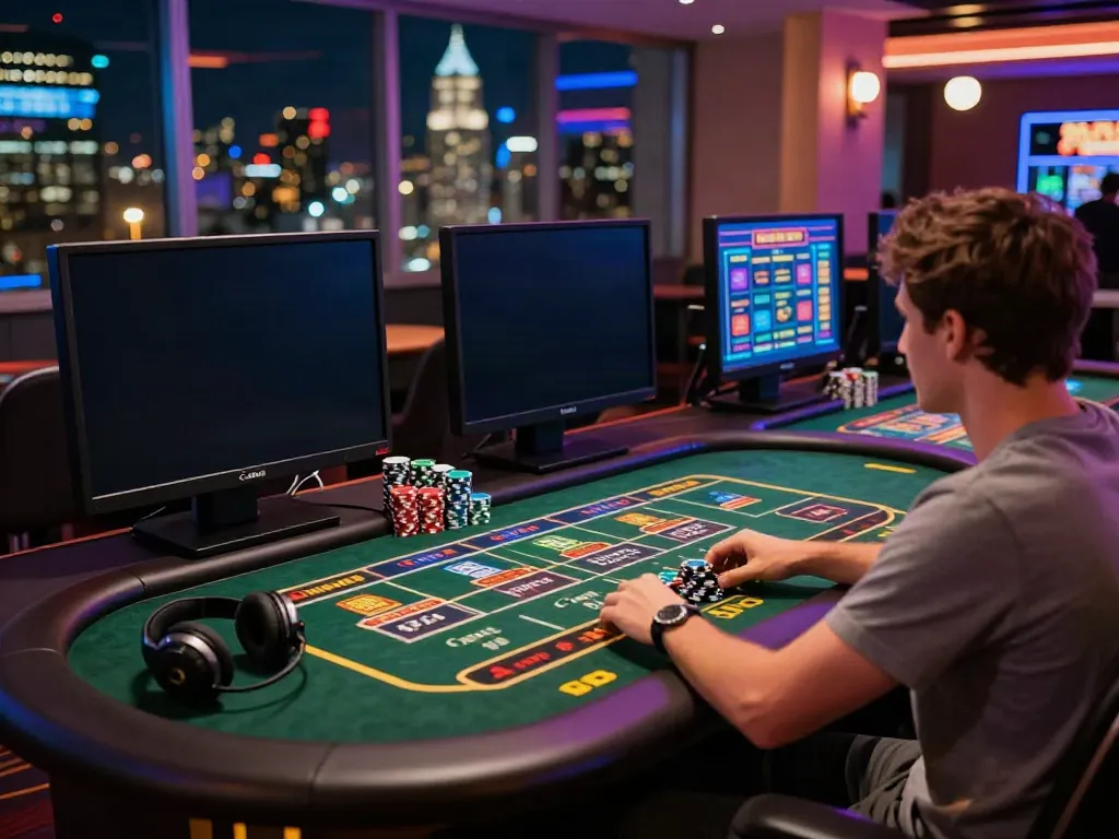 Engaging player enjoying games at non gamstop UK casinos with vibrant lights and city view.