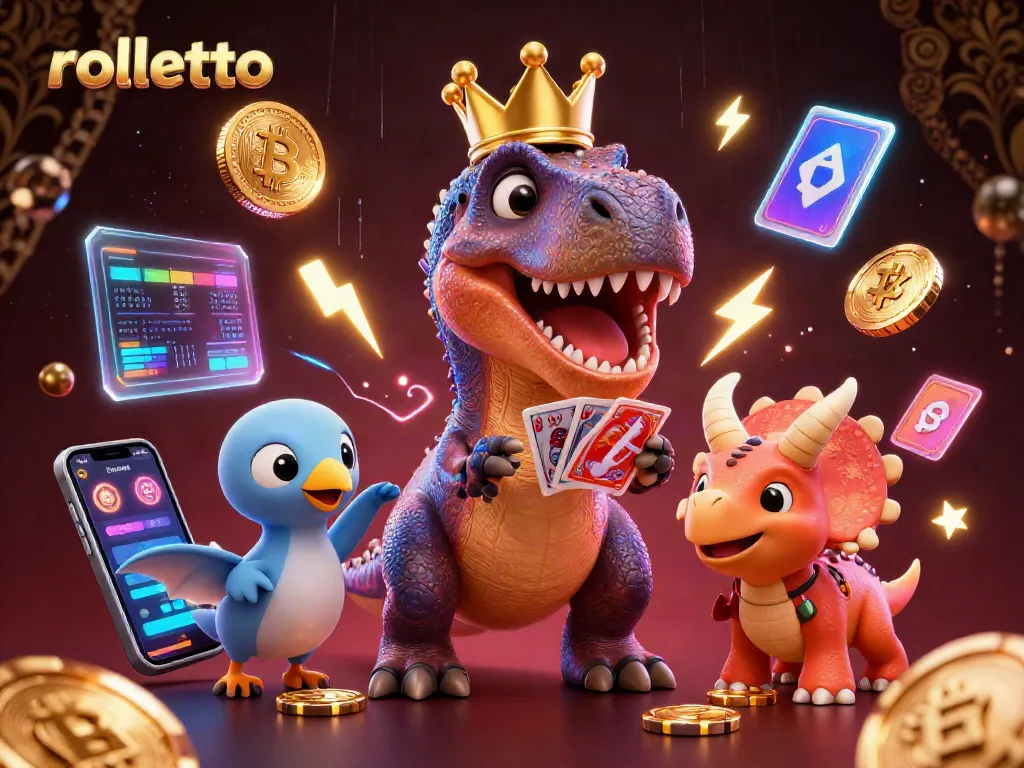 rolletto casino illustration featuring cartoon dinosaurs playing cards and stacking chips