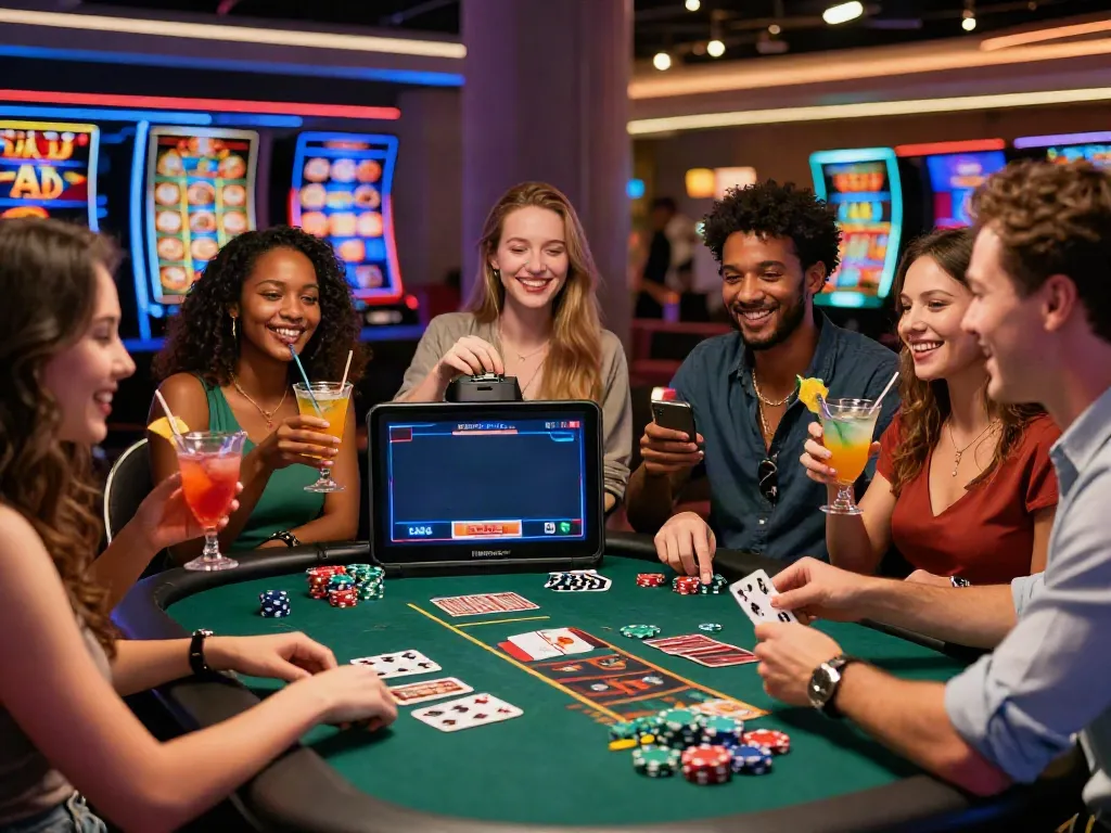 Friends enjoying a winning moment at non Gamstop UK casinos with vibrant decor and lively atmosphere.