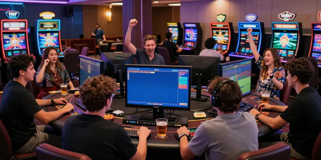 Exciting non Gamstop UK casinos gaming scene with diverse players and modern setups.