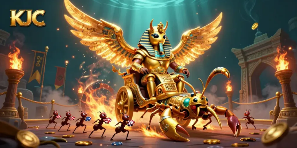 KJC captivates players with dynamic casino imagery featuring golden scarab and scorpions in an exciting gambling arena.