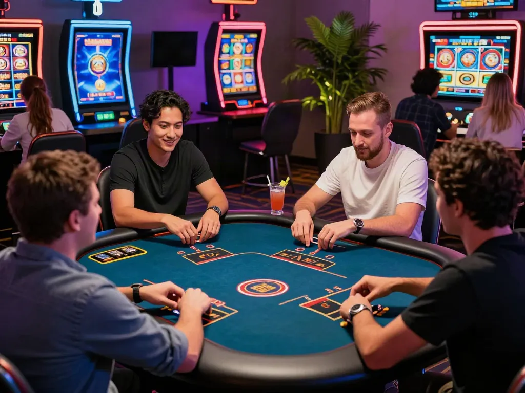 Engaging scene of non gamstop UK casinos with diverse players at a gaming table, vibrant atmosphere and modern equipment.