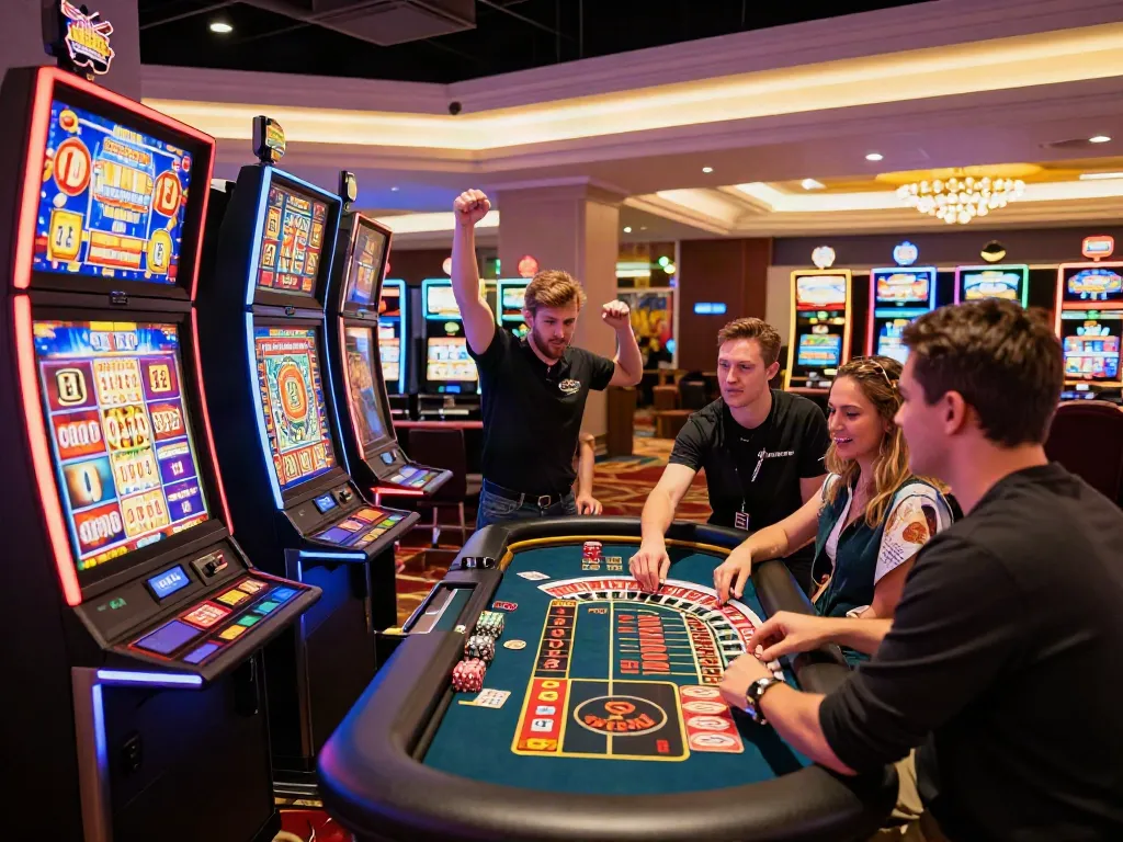 Excited players experiencing non GamStop UK casinos, celebrating wins on the casino floor.