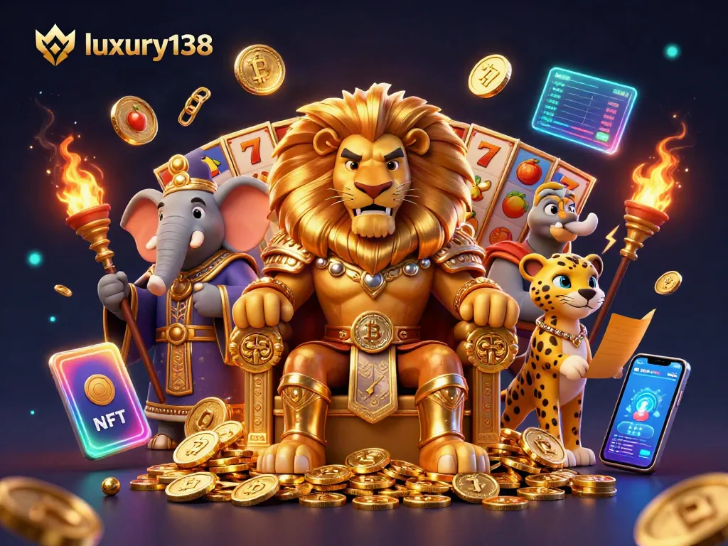 Experience thrilling gameplay with luxury138's spectacular 3D casino scene featuring vibrant slot visuals and unique characters.