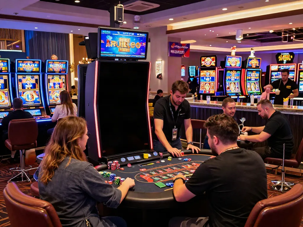 Exciting gaming atmosphere in non GamStop UK casinos with diverse players enjoying vibrant slot machines.