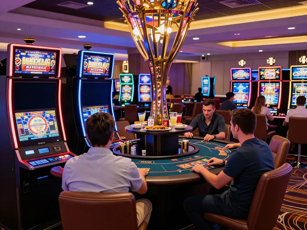 Dynamic scene of players enjoying non Gamstop UK casinos in an exciting gaming room.
