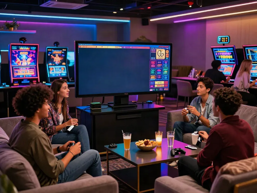Friends enjoying non Gamstop UK casinos gaming night with snacks and drinks