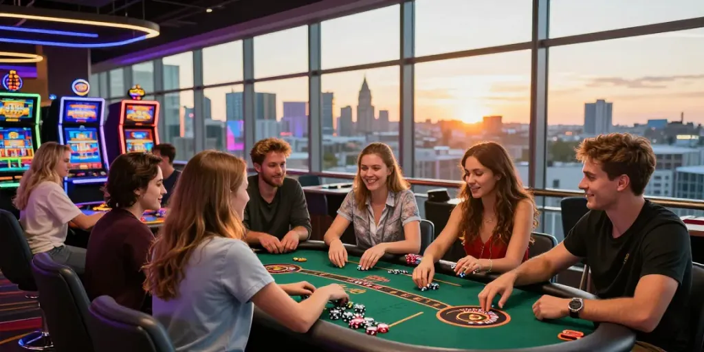 Exciting scene showcasing friends enjoying non gamstop UK casinos with vibrant atmosphere and gaming activities.