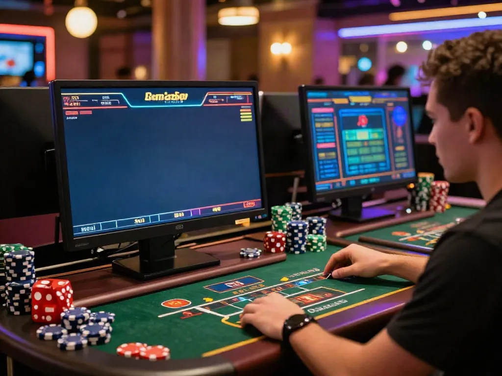 Engaging player enjoying non GamStop UK casinos online, surrounded by vibrant gaming decor.