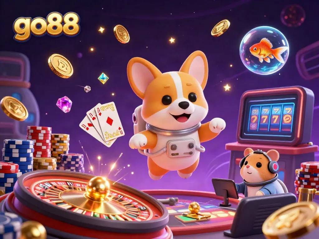 Experience excitement with go88 in this vibrant 3D casino scene featuring a floating astronaut corgi and golden coins.