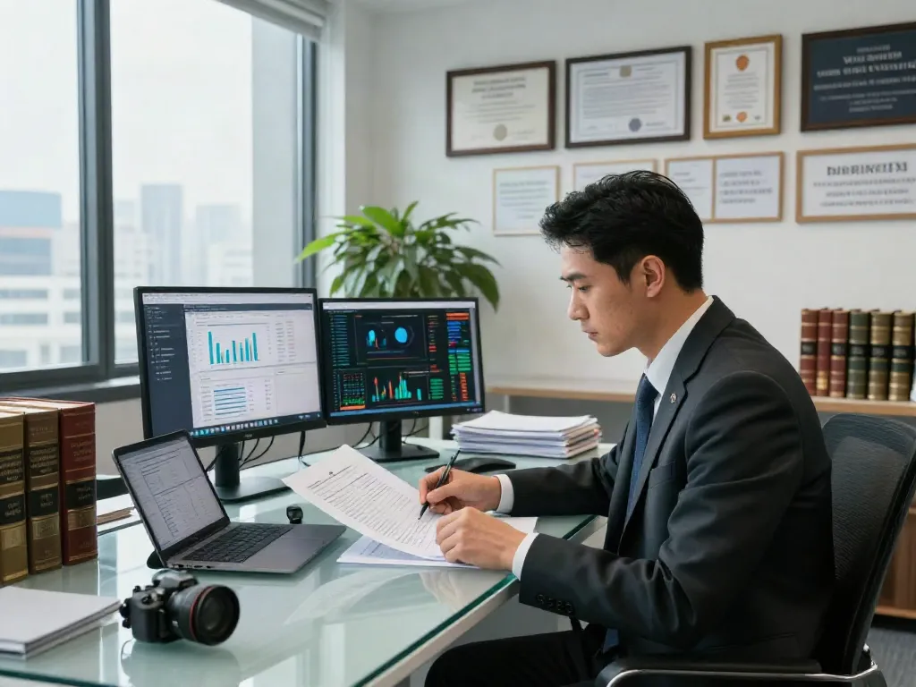 Financial crime investigation scene with a professional reviewing documents in a modern office.