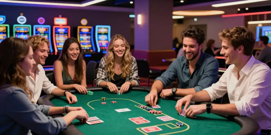 Exciting scene of friends enjoying games at non Gamstop UK casinos with vibrant atmosphere.