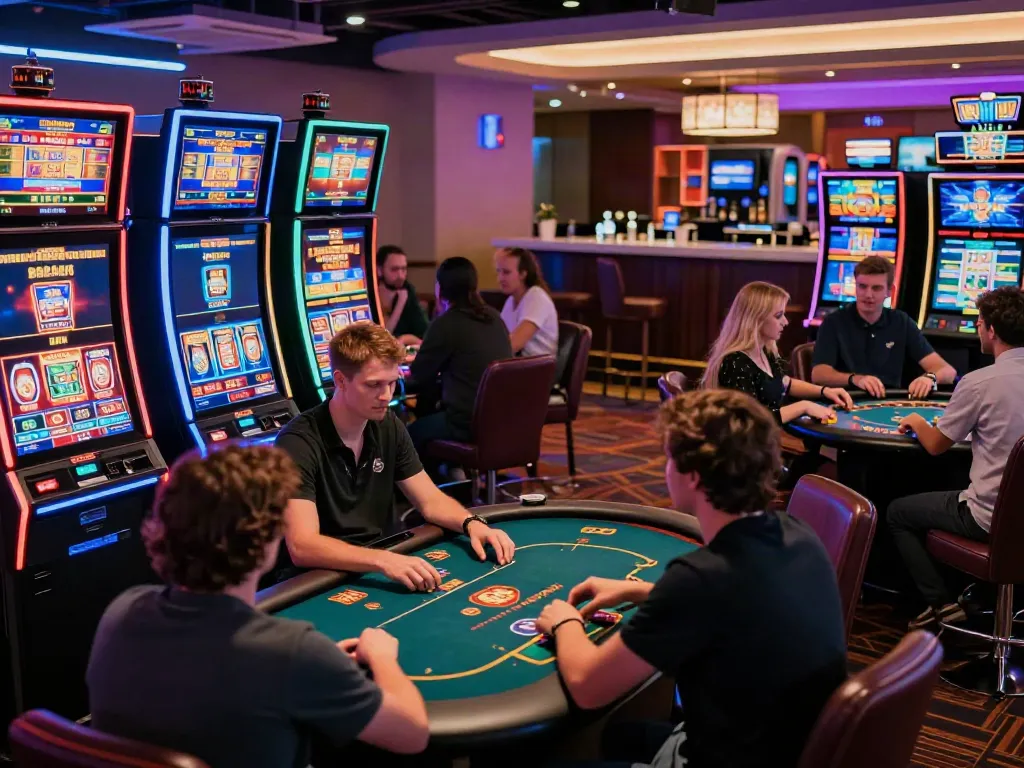 Exciting non Gamstop UK casinos gaming scene with players engaging at stylish gaming tables.