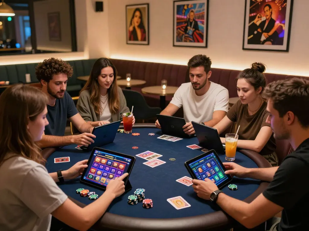 Friends enjoying live gaming experience at non GamStop UK casinos with vibrant game displays.