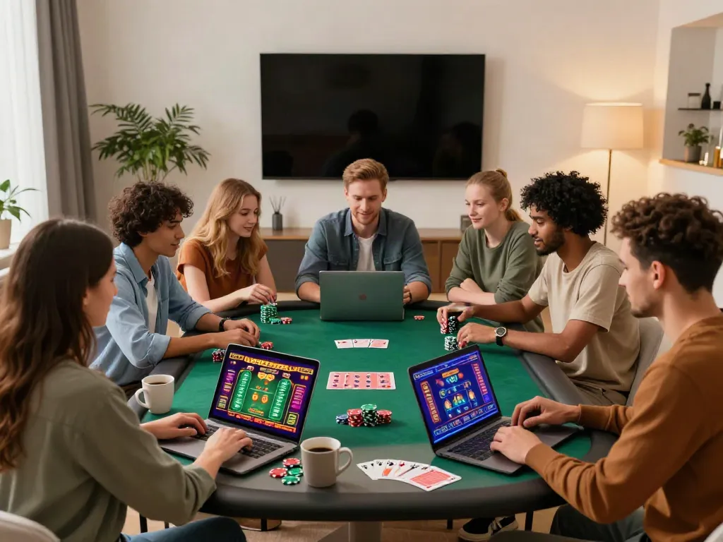 Exciting game night showcasing non Gamstop UK casinos with friends around a modern setup.