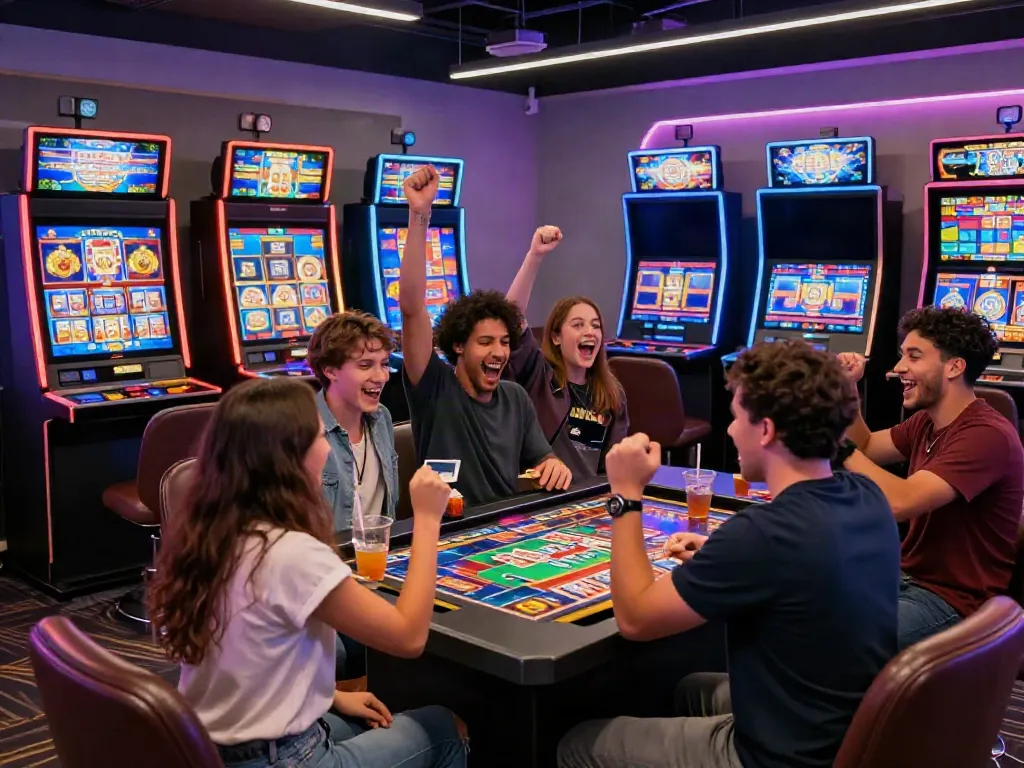 Friends celebrating at sin88 nhà cái online casino with vibrant games and snacks