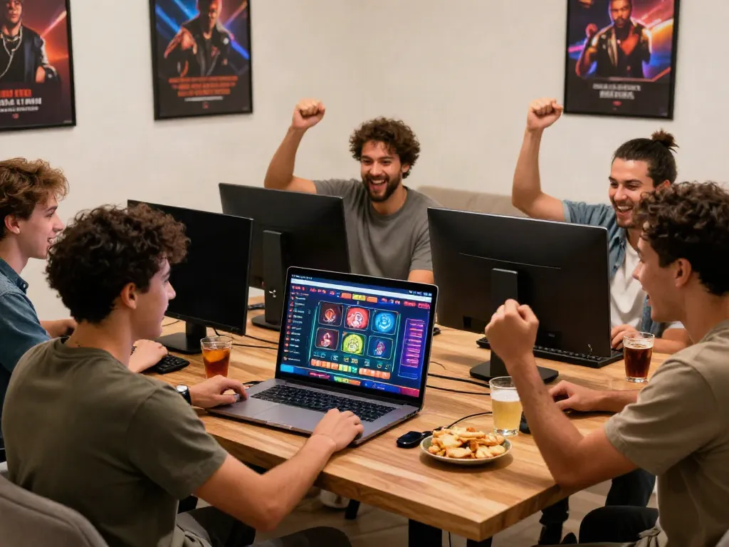 Group of friends enjoying non gamstop UK casinos atmosphere with lively online gaming experience.