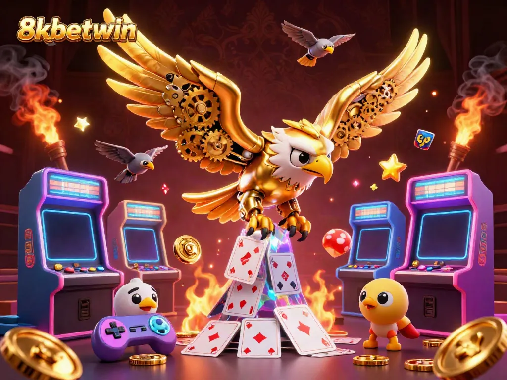 Experience thrilling 8xbetwin gaming with a cybernetic eagle amidst vibrant gaming elements.