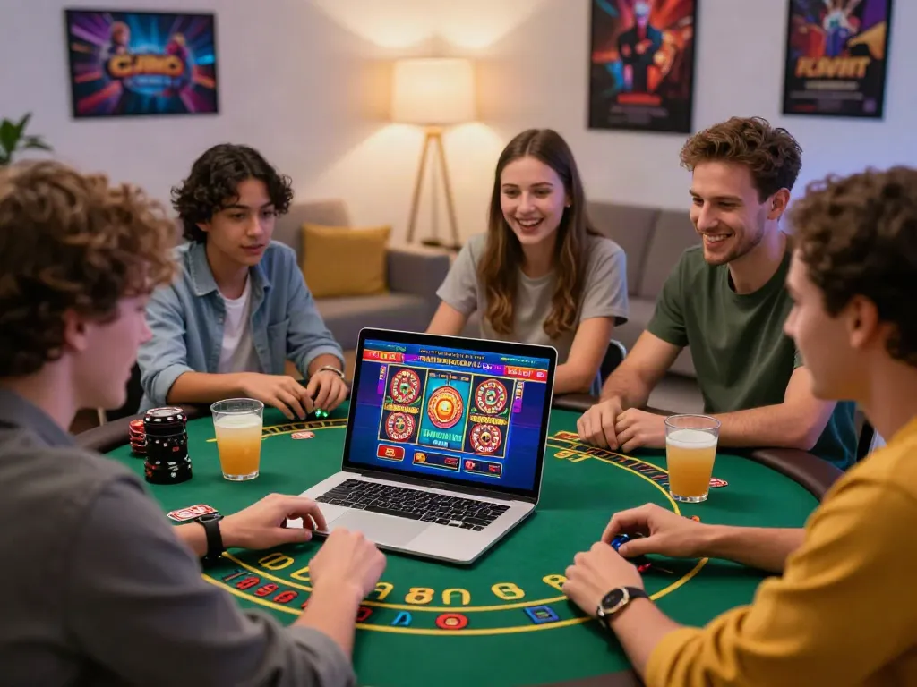 Friends exploring non GamStop UK casinos while enjoying snacks together in a cozy gaming setup.