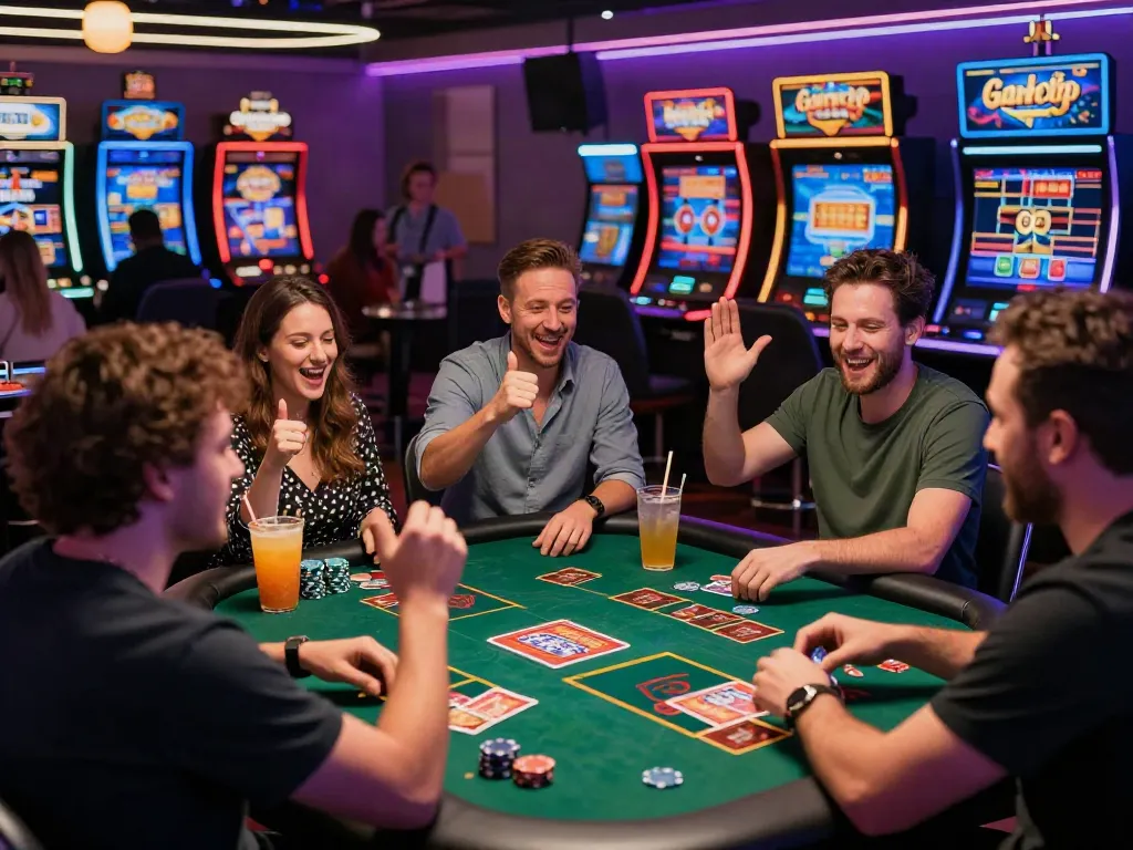Diverse group celebrating at a non GamStop UK casino, highlighting excitement and gambling atmosphere.