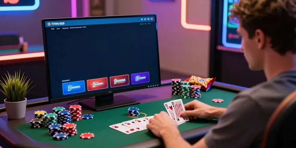 Engaging player exploring non Gamstop UK casinos on a laptop in a vibrant gaming room