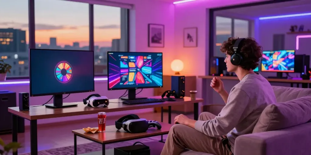 Immersive gaming scene featuring non gamstop UK casinos setup with a gamer at dual monitors.