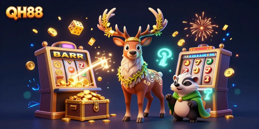 Engage with QH88's vibrant cartoon scene featuring winning slot machines, mystical characters, and an exciting casino atmosphere.