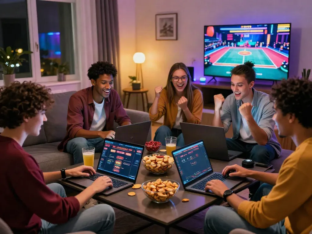 Diverse group of friends enjoying games at home while engaging with non Gamstop UK casinos on their devices.