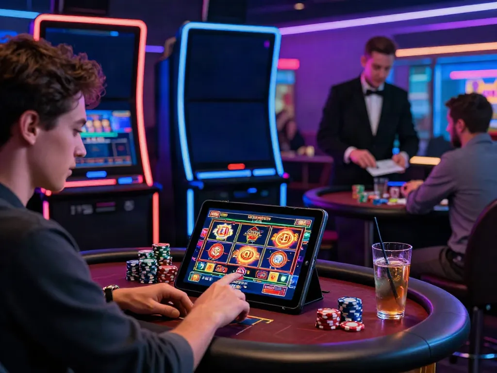 Lively player enjoying games at non Gamstop UK casinos with neon lights and digital screens.