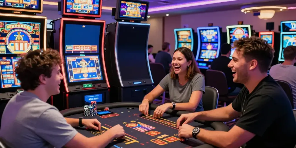 Exciting scene of players enjoying non gamstop UK casinos with vibrant slot machines and digital gaming.